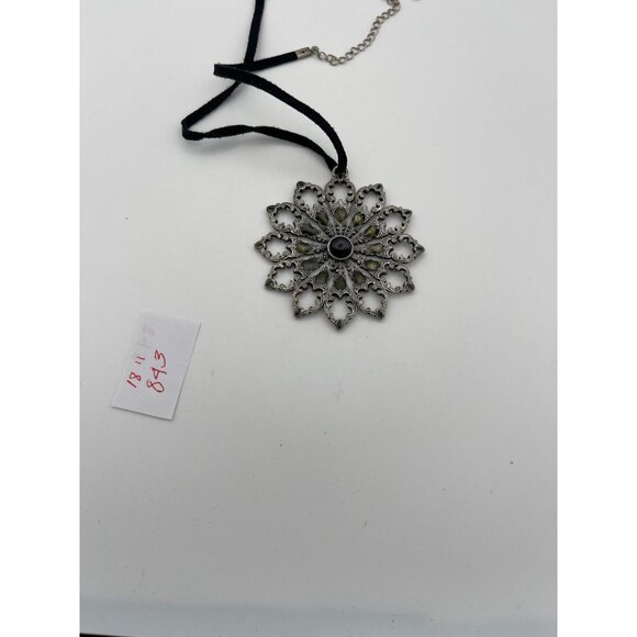 Circle Pendant 3" Silver Tone Pierced Designs Glass Center Black Cord - Picture 9 of 9